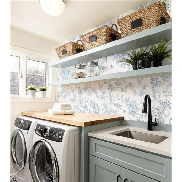 Floral Peel and Stick Wallpaper Blue Cream Vintage Removable Contact Paper - Picture 3 of 7